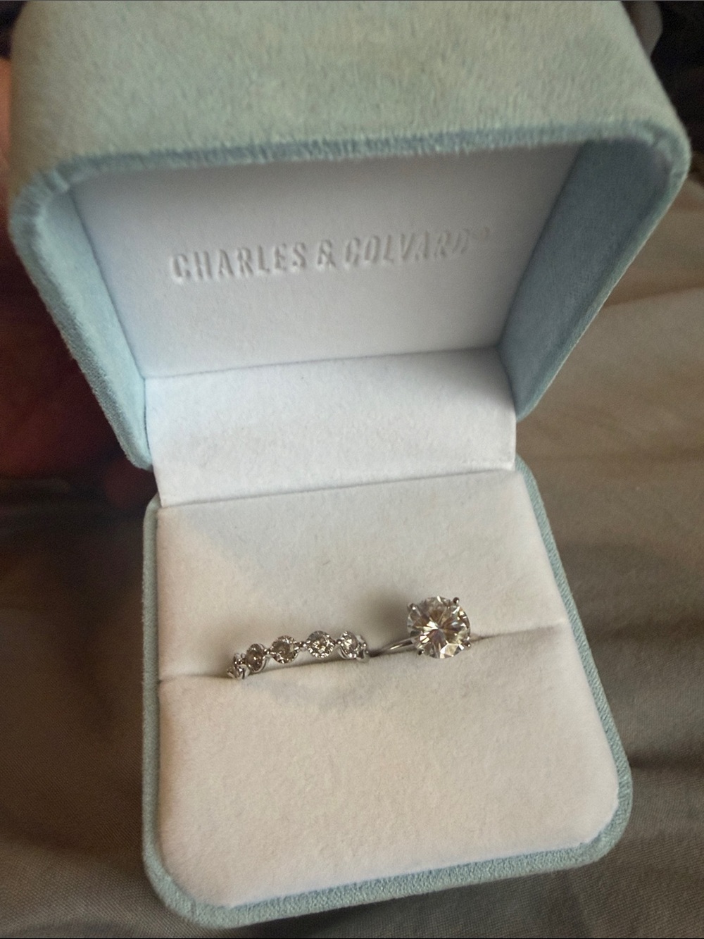 Charles & Colvard White Solitaire and Accent Ring Set in Silver